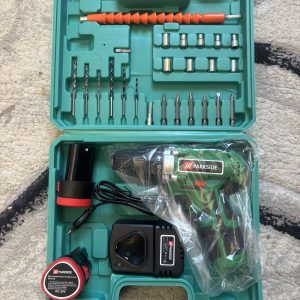 Open green tool case with a Parkside cordless drill, charger, 24V battery, and a full set of drill bits and driver bits neatly organized inside.