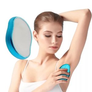 Woman holds a blue handheld underarm hair-removal device against her armpit while a round blue mirror hovers beside her.