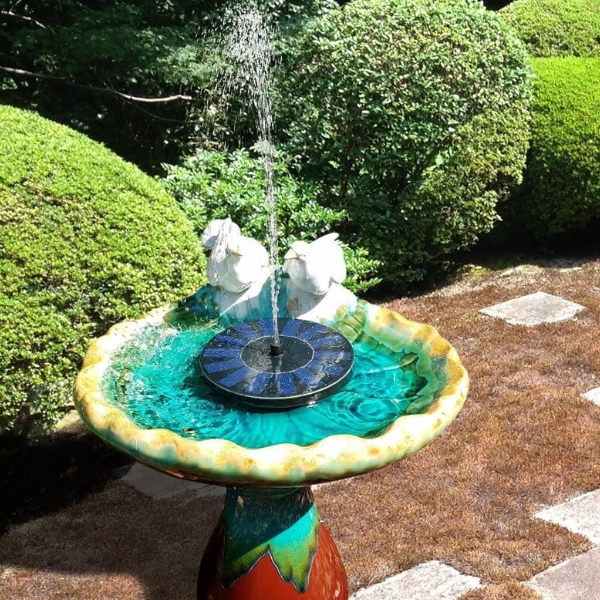 Decorative garden fountain with a circular basin and a water jet, surrounded by trimmed green shrubs.