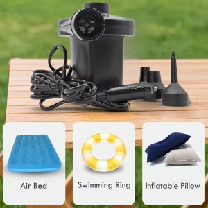 Electric air pump with tubing and nozzle attachments on a wooden table; product options shown: air bed, swimming ring, inflatable pillow.