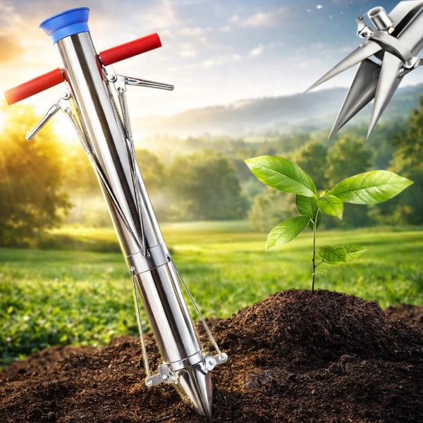 Shiny multi-tine garden aerator tool planted into soil next to a young sapling in a sunlit field