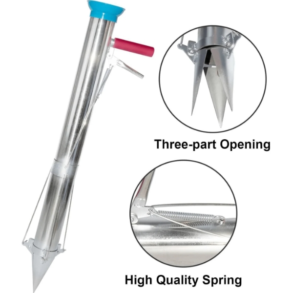 Stainless steel stake with blue cap and pink handle, showing a three-part opening and a strong spring. (Informative product feature)“ Three-prong opening mechanism on a metal stake with spring. (Informative)