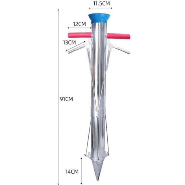 Tall metal ground stake with blue cap and red handles; annotated dimensions show 91 cm tall, base 14 cm, top width 11.5 cm, wing arms extend 12–13 cm (image is a measuring diagram).