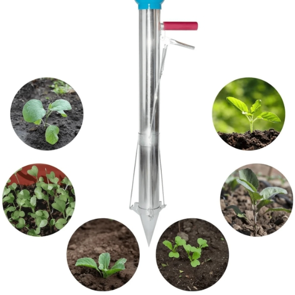 A metal planting tool with a blue top and red handle, centered among circular images of young seedlings in soil, illustrating planting and germination.