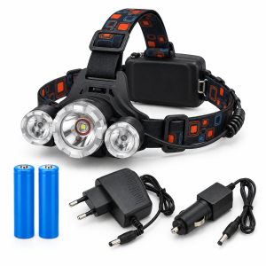 Punjiva čeona LED lampa 3×T6 sa 2 baterije i punjačima